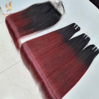 5x5 human hair closure free-part and bundles straight hair ombre color 22 inches