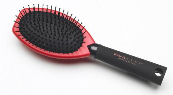 A brush-shaped comb, with soft rubber padding on the body and sharp teeth, suitable for straight hair