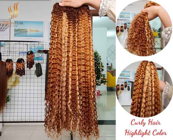 100% Human Hair Extension_ Super Double Dawn Curly Hair_With Highlight Color_Best Quality_Price Factory